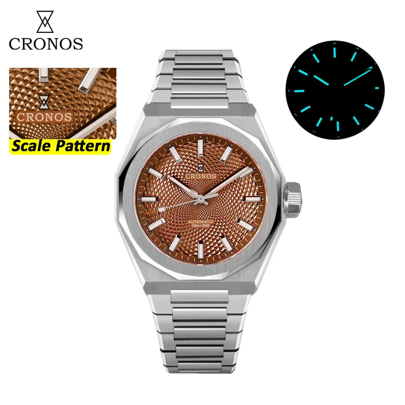 Cronos Luxury Men Watch 39mm Automatic PT5004 Wristwatches Scale Pattern Sapphire 10ATM See-through Back L6028